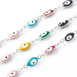 Mixed Color 304 Stainless Steel Enamel  Link Chains, Oval Evil Eye, Unwelded, with Spool, Stainless Steel Color, Mixed Color, 15x6x3mm, 16.4 Feet(5m)/roll