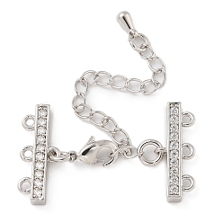 Платина Стойка покрытие латунь микропаве кубический цирконий удлинитель цепи, застежки для ожерелья, с 3-образными 6-образными концами шнура и застежкой-карабином, долговечный, без кадмия и без свинца, платина, 70x19x3 мм, отверстие : 1.2 мм