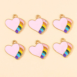 Pearl Pink Alloy Enamel Pendants, Heart with Rainbow Charm, Golden, Pearl Pink, 18x18mm