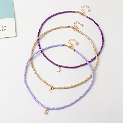 Purple 3Pcs 3 Style Star & Moon & Padlock Alloy Charms Necklaces Set, Glass Seed Beaded Necklaces for Women, Purple, 15.24 inch(38.7cm), 1Pc/style