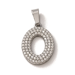 Letter O 304 Stainless Steel Micro Pave Clear Cubic Zirconia Pendants, Letter Charms, Stainless Steel Color, Letter O, 18x11.5x2.5mm, Hole: 6x2.5mm