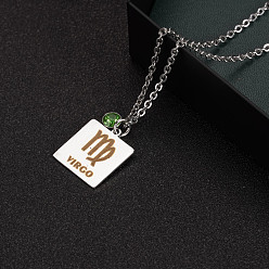 Virgo Constellation Rectangle Pendant Necklace, 201 Stainless Steel Square with Rhinestone Pendant Necklace for Men Women, Virgo, 17.72 inch(45cm)