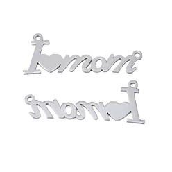 Stainless Steel Color 304 Stainless Steel Connector Charms, Word I Love Mom, Mother's Day, Stainless Steel Color, 17x40.5x1mm, Hole: 1.6mm