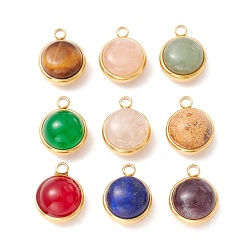 Mixed Stone Natural Mixed Stone Pendants, with Ion Plating(IP) 304 Stainless Steel Findings, Half Round, Real 18K Gold Plated, 18x14x10.5mm, Hole: 2.5mm