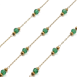 Sea Green Rondelle Glass Beaded Link Chains, with Golden 304 Stainless Steel Paperclip Chains, Soldered, with Spool, Sea Green, 3x2.5mm, 2mm, about 32.81 Feet(10m)/Roll