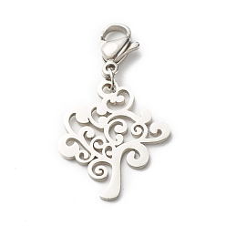 Stainless Steel Color Tree 304 Stainless Steel Pendant Decorations, with 304 Stainless Steel Lobster Claw Clasps & Open Jump Rings, Stainless Steel Color, 30mm