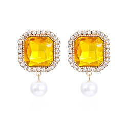 golden Colorful Square Glass Earrings with Sparkling Crystal and Pearl Pendant for Women