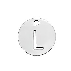 Letter L 201 Stainless Steel Charms, Flat Round with Letter, Stainless Steel Color, Letter.L, 12x1mm, Hole: 1.5mm