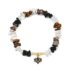 Gemischte Stein Natürliche Armbänder aus Tigerauge, Obsidian, Howlith und Rauchquarzsplittern, mit Lotusblumen-Anhängern aus Messing mit Mikropavé-Zirkonia, golden, Innendurchmesser: 2.22 Zoll (5.65 cm)