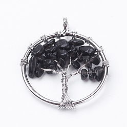 Black Agate Natural Black Agate Pendants, with Brass Findings, Flat Round with Tree of Life, Dyed, Platinum, 29x5~7mm, Hole: 4.5mm