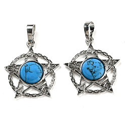 Синтетическая Бирюза Синтетические бирюзовые подвески, подвеска в виде стойки из латуни со звездой, платина, без кадмия и без свинца, 27.5x25.5x7~8 мм, отверстие : 8x5 мм