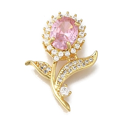 Pink Стойка металлическая латунная микропрофилированная кубическая циркония подвески, долговечный, без кадмия и без свинца, реальный 18 k позолоченный, цветок, розовые, 26x19x7 мм, отверстие : 3 мм