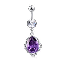 Dark Orchid Brass Cubic Zirconia Navel Ring, Belly Rings, with 304 Stainless Steel Bar, Cadmium Free & Lead Free, teardrop, Dark Orchid, 46mm, Bar: 15 Gauge(1.5mm), Bar Length: 3/8"(10mm)