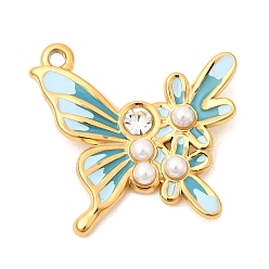 Темно-бирюзовый 304 из нержавеющей стали горный хрусталь подвески, бабочки прелести, с abs имитационными жемчужными бусинами , Эмаль стиле, ионное покрытие (ip), реальный 18 k позолоченный, темные бирюзовый, 23x23.5x4.5 мм, отверстие : 1.6 мм