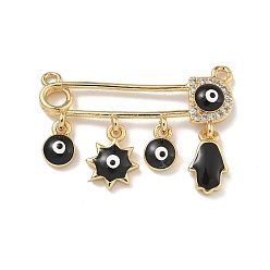 Черный Стойка покрытие латунь микропаве прозрачный кубический цирконий с эмалированными соединителями подвески, долговечный, без свинца и без кадмия, реальный 18 k позолоченный, брошь в виде руки и плоской круглой формы с изображением солнца и хамсы, чёрные, 20x30x3 мм, отверстие : 1.4 мм