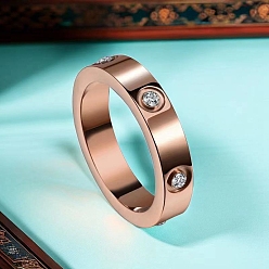 Rose Gold Titanium Steel Rhinestone Finger Rings for Women, Rose Gold, US Size 7(17.3mm)