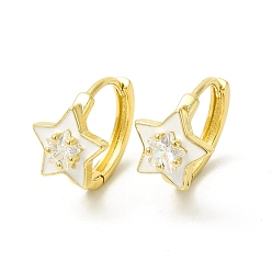 White Enamel Star Hoop Earrings with Clear Cubic Zirconia, Real 18K Gold Plated Brass Jewelry for Women, Cadmium Free & Nickel Free & Lead Free, White, 15.5x17.5x2.5mm, Pin: 1mm