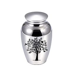 Platinum Aluminium Alloy Cremation Urn, For Commemorate Kinsfolk Cremains Container, Jar with Tree of Life Pattern, Platinum, 45x65mm