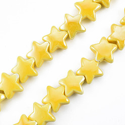 Yellow Handmade Porcelain Bead Strands, Pearlized, Star, Yellow, 14x15x7mm, Hole: 2mm, about 24~27pcs/strand, 10.63 inch~12.6 inch(27~32cm)