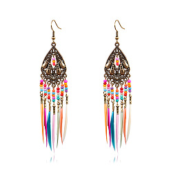 0334 ancient kc Bohemian Feather Tassel Earrings with Intricate Cutout Design