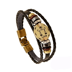 Libra Cowhide & PU Leather Triple Layer Multi-strand Bracelet, Constellation Alloy & Wood Beaded Gothic Bracelet, Libra, 8-7/8 inch(22.5cm)