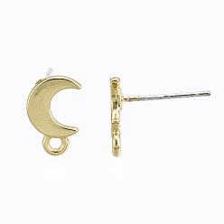 Light Gold Alloy Stud Earring Findings, with Loop and Steel Pin, Moon with Plastic Protective Cover, Light Gold, 11x7mm, Hole: 1.4mm, Pin: 0.7mm