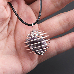 Amethyst Natural Amethyst Cage Pendant Necklace, Silver Plated Alloy Wire Wrap Necklace with Waxed Cord, 22.83 inch(58cm)
