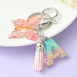 Letter A Resin & Acrylic Keychains, with Alloy Split Key Rings and Faux Suede Tassel Pendants, Letter & Butterfly, Letter A, 8.6cm