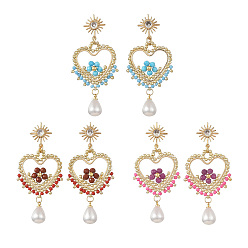 Mixed Color Gemstone & Glass Seed Dangle Earrings for Women, Heart, Brass Micro Clear Cubic Zirconia Sun Stud Earrings, Golden, Mixed Color, 57x26mm, 3 pairs/set