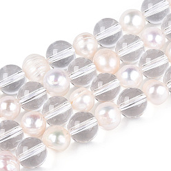 Прозрачный Прозрачные стеклянные бусины, круглые и самородки, с натуральным культивированным пресноводным жемчугом, прозрачные, 7.5~8 мм, отверстие : 1.2 мм, Жемчужина: 6~8x6~10 мм, отверстие : 0.7 мм, около 27 шт / нитка, 7.87~8.07 дюйм (20~20.5 см)