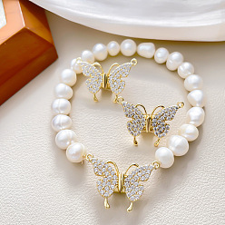 Golden Natural Pearl Beaded Bracelet with Butterfly Brass Magnetic Clasp, Golden, Butterfly: 22x17mm