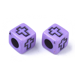 Lilac Acrylic Beads, Cube with Cross, Lilac, 6x6x6mm, Hole: 3mm, about 30000pcs/5000g