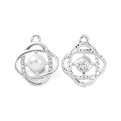 Platinum Alloy Rhinestone Pendants, with ABS Plastic Imitation Pearl Beads, Flower Charm, Platinum, 21.5x17.5x8mm, Hole: 2.5mm