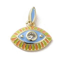 Yellow Green Brass Enamel Charms, with Glass, Real 18K Gold Plated, Eye Charm, Yellow Green, 11.5x15x3.8mm, Hole: 4.5x1.5mm