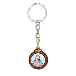 Platinum Flat Round Double-sided Religious Jesus Plastic Pendant Keychain, with Metal Findings, Platinum, 10cm
