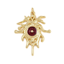 Темно-Красный Латунь эмаль подвески, очарование солнца, с прыжковых колец, стойки покрытие, реальный 18 k позолоченный, без свинца и без кадмия, долговечный, темно-красный, 32.5x26x3 мм, отверстие : 3.4 мм