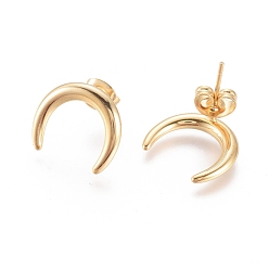 Golden 304 Stainless Steel Stud Earrings, with Ear Nuts, Crescent Moon/Double Horn, Golden, 14.5x12.5x1.5mm, Pin: 0.6mm, 6pairs/card
