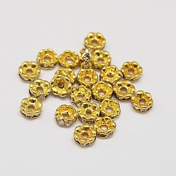 Golden Flower Brass Rhinestone Bead Spacers, Golden, 4x2mm, Hole: 1mm