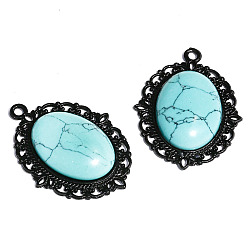 Synthetic Turquoise Synthetic Blue Turquoise Pendants, Black Metal Oval Charms, 40x30x7mm