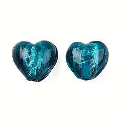Teal Handmade Silver Foil Glass Beads, Heart, Teal, 12x12x8mm, Hole: 2mm