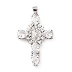 Платина Реечное покрытие латунь микро паве разноцветные подвески из кубического циркония, без кадмия и без свинца, крест со святым, платина, 45.5x29x6 мм, отверстие : 4x6 мм