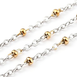 Golden & Stainless Steel Color Two Tone 304 Stainless Steel Cable Chains, with Spool & Round Beads, Soldered, Golden & Stainless Steel Color, 3x2x1mm, 32.8 Feet(10m)/roll