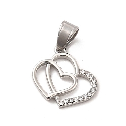 Stainless Steel Color 304 Stainless Steel Pendants, with Crystal Rhinestone, Bouble Heart Charms, Stainless Steel Color, 18x19.5x2.5mm, Hole: 7x5mm