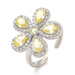 Желтый Кольца-манжеты из цветочной латуни с микропаве из кубического циркония для женщин, без кадмия и без свинца, стойки покрытие, платина, желтые, 19.5x20.5 мм, внутренний диаметр: 17.2 мм