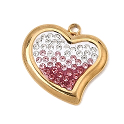 Rose Clair Pendentifs en acier inoxydable et pâte polymère sertis de strass, couleur dégradée, charmes de coeur, placage ionique (ip), plaqué longue durée, réel 304 k plaqué or, rose clair, 18mm, Trou: 15.5x15.5x2mm