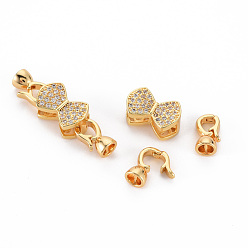 Real 18K Gold Plated Brass Micro Pave Clear Cubic Zirconia Fold Over Clasps, Nickel Free, Bowknot, Real 18K Gold Plated, 9.5x15x7mm, Clasp: 11.5x6x5.5mm, Inner Diameter: 3.5mm