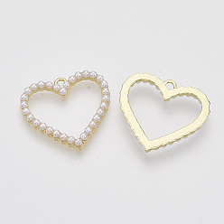 Golden ABS Plastic Imitation Pearl Pendants, with Alloy Cabochon Settings, Heart, Golden, 22.5x25x3.5mm, Hole: 1.8mm