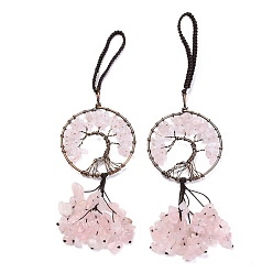 Rose Quartz Wire Wrapped Chips Natural Rose Quartz Big Pendant Decorations, with Red Copper Plated Brass Wires and Nylon Cord, Flat Round with Tree of Life, 160~180mm