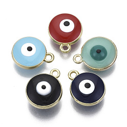 Mixed Color Alloy Pendants, with Enamel, Flat Round with Evil Eye, Mixed Color, 18x14.5x8mm, Hole: 1.8mm