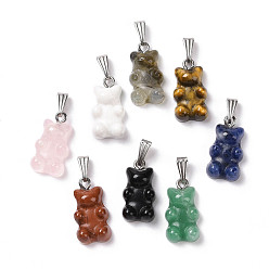 Mixed Stone Natural Mixed Stone Pendants, with Stainless Steel Color Tone 201 Stainless Steel Findings, Bear, Mixed Dyed and Undyed, 27.5mm, Hole: 2.5x7.5mm, Bear: 21x11x6.5mm